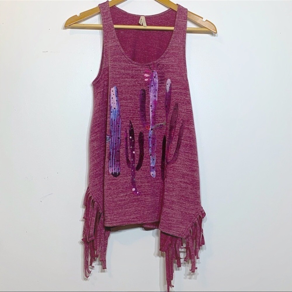 NWT Roper Cactus Graphic Side Fringed Tank Boho Western Desert Indie‎ Chic Small